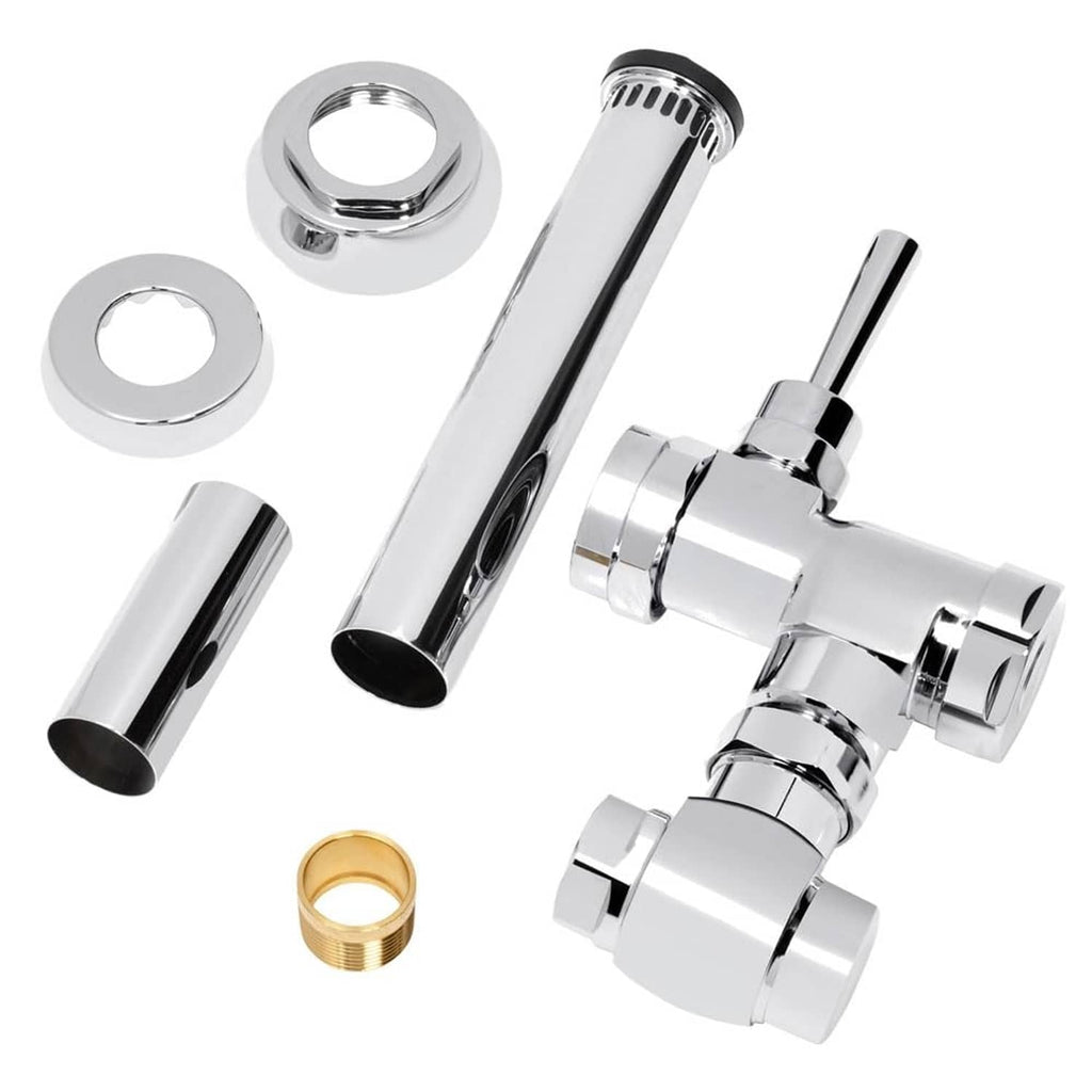 Toilet flush valve kit parts in polished chrome: valve body, tubes, nuts