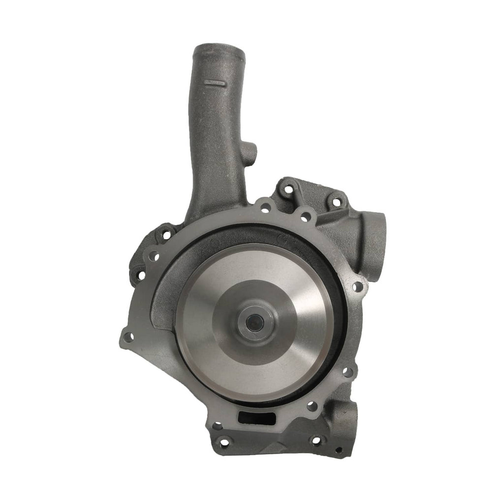 Water pump housing with silver impeller cover, dark gray cast metal