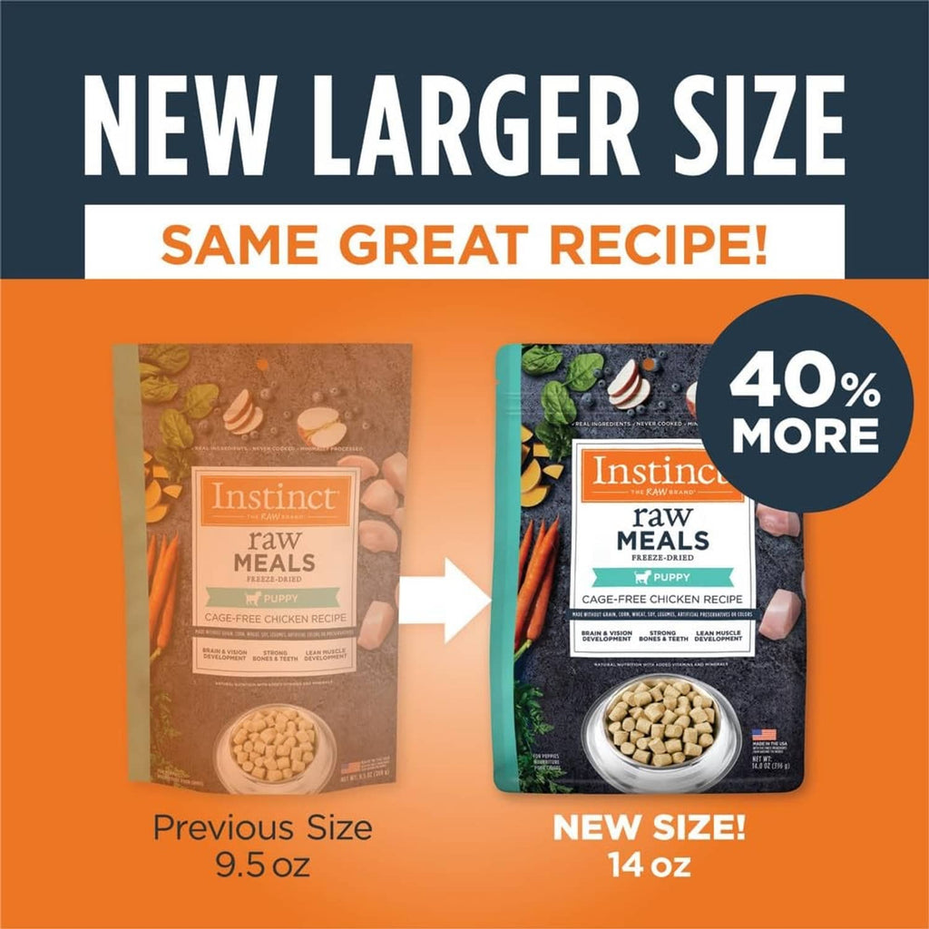 Freeze-dried puppy food pouch size comparison, new 14 oz vs previous 9.5 oz