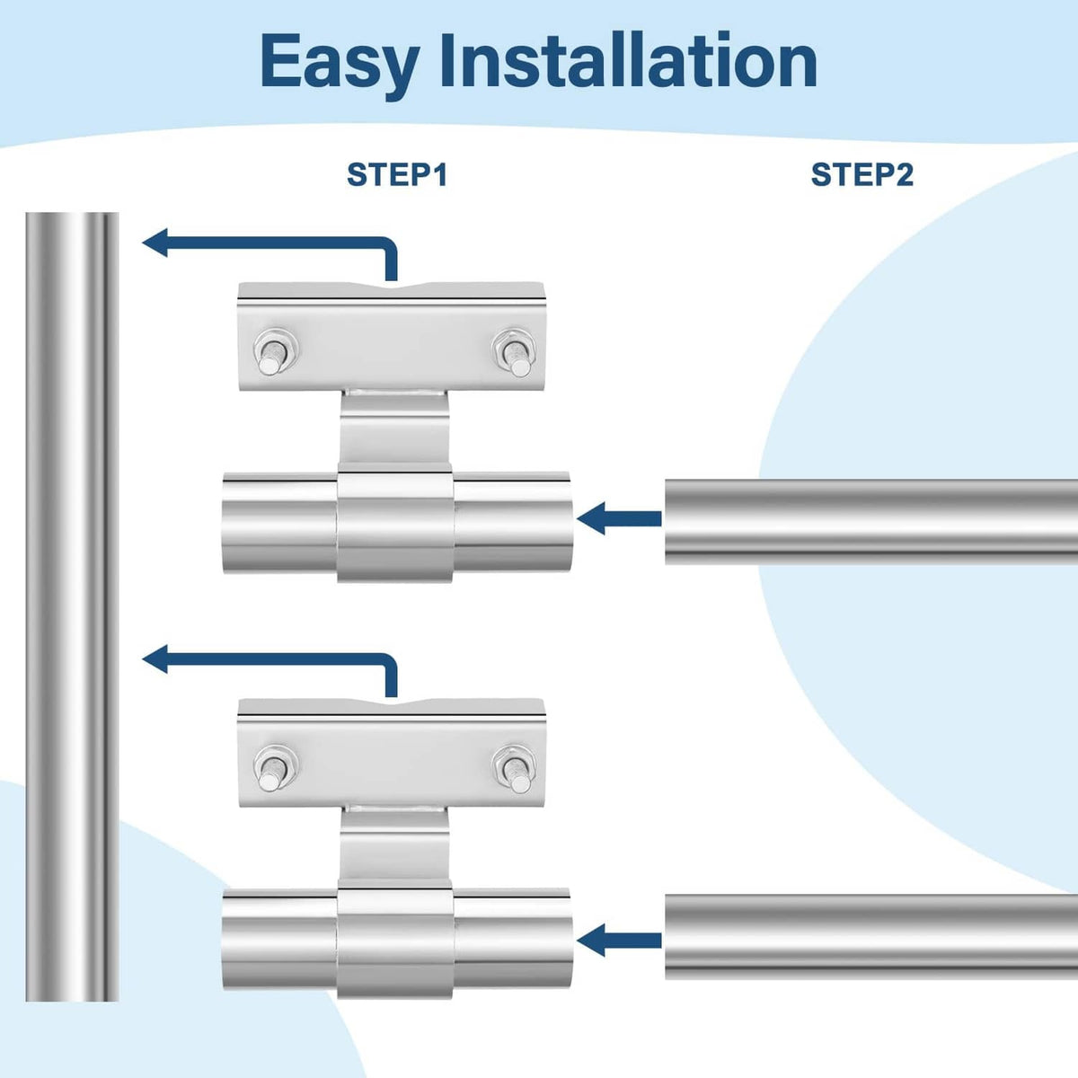 Rolling gate clamp installation on fence post with two tube rails and bolts