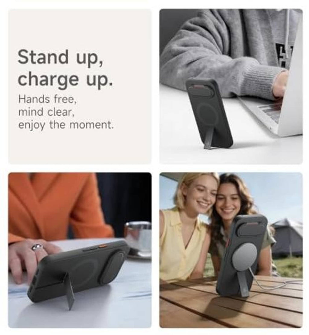 Black MagSafe phone case with fold-out kickstand for hands-free viewing