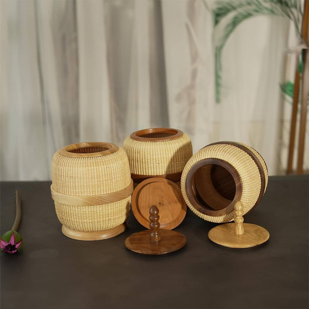 Woven rattan storage baskets with wooden lids and finials, circular openings, yellow beige