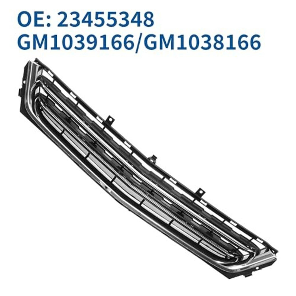 Angled front bumper grille with black frame and chrome horizontal slats