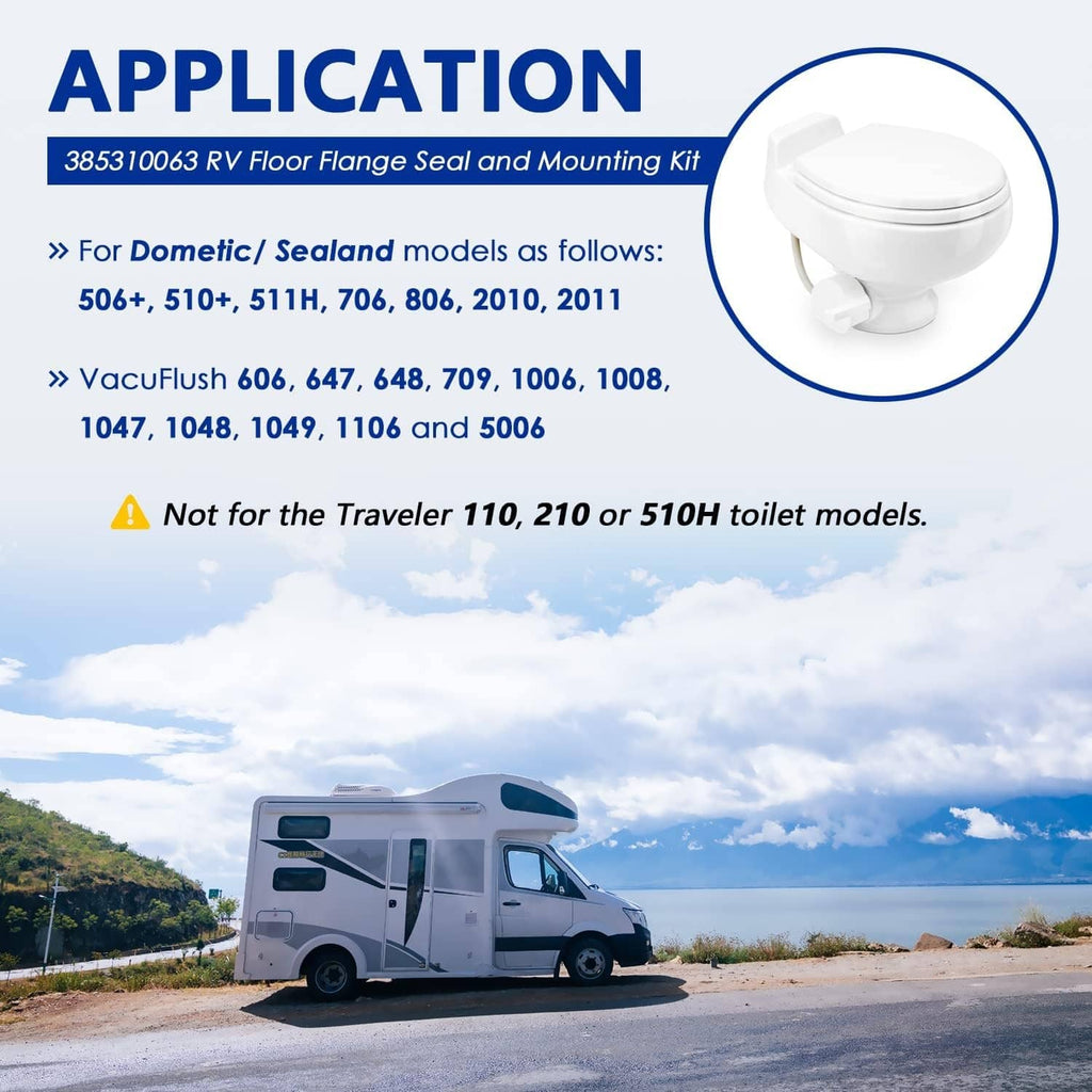 RV floor flange seal and mounting kit shown with compatible toilet illustration
