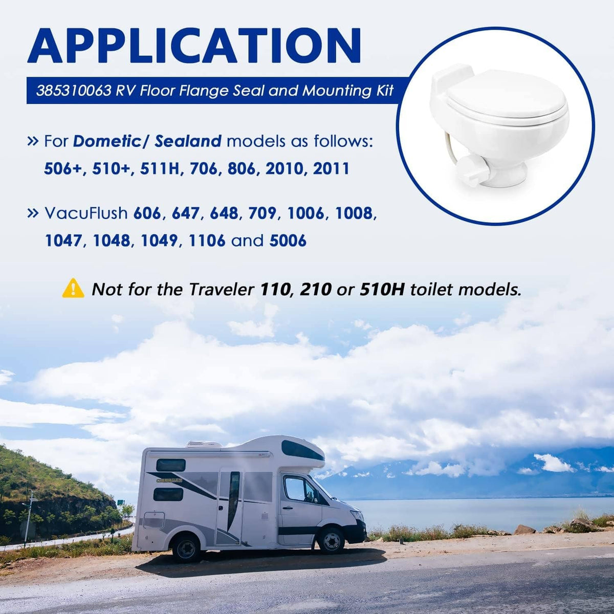 RV floor flange seal and mounting kit shown with compatible toilet illustration