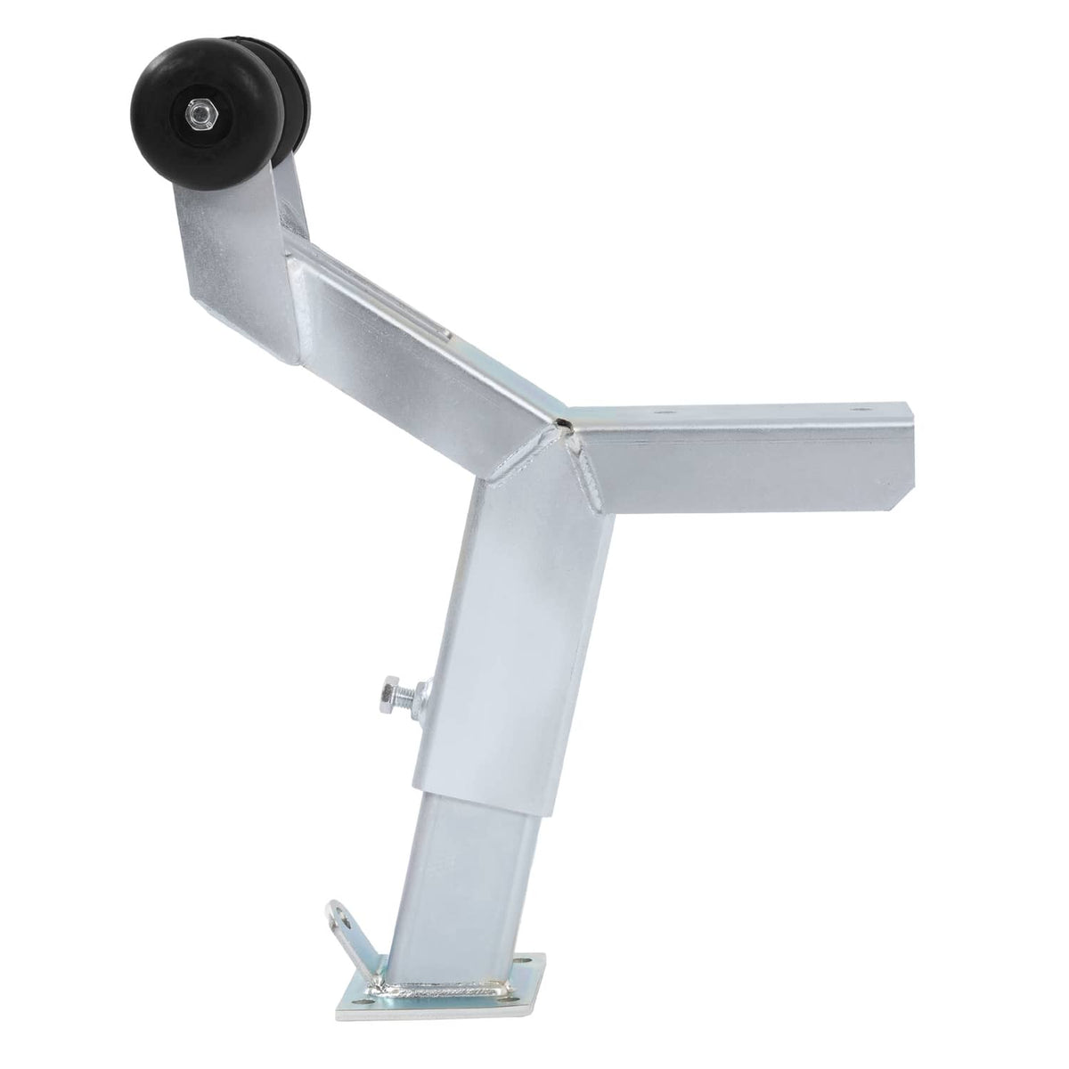 Adjustable boat trailer winch stand with black roller wheel, silver base and support