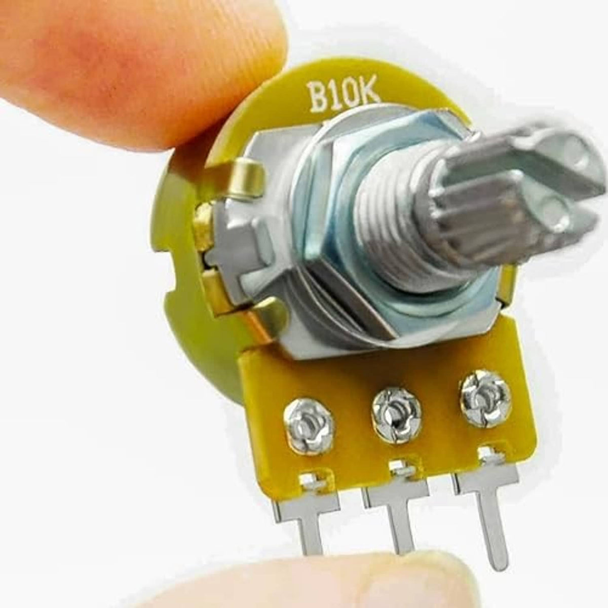 B10K potentiometer with yellow PCB, metal shaft, and three solder terminals