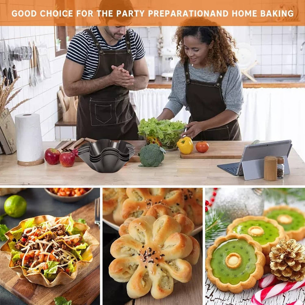 Black nonstick taco salad bowl mold on a kitchen counter with party food ideas