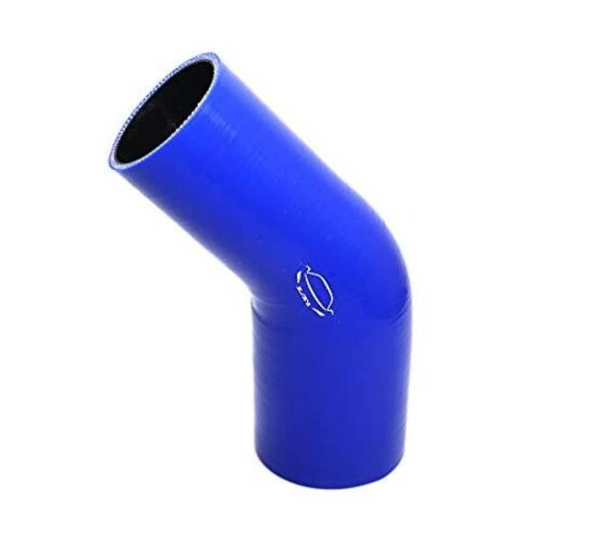 Blue 45-degree silicone elbow reducer coupler, curved inlet with two black end openings