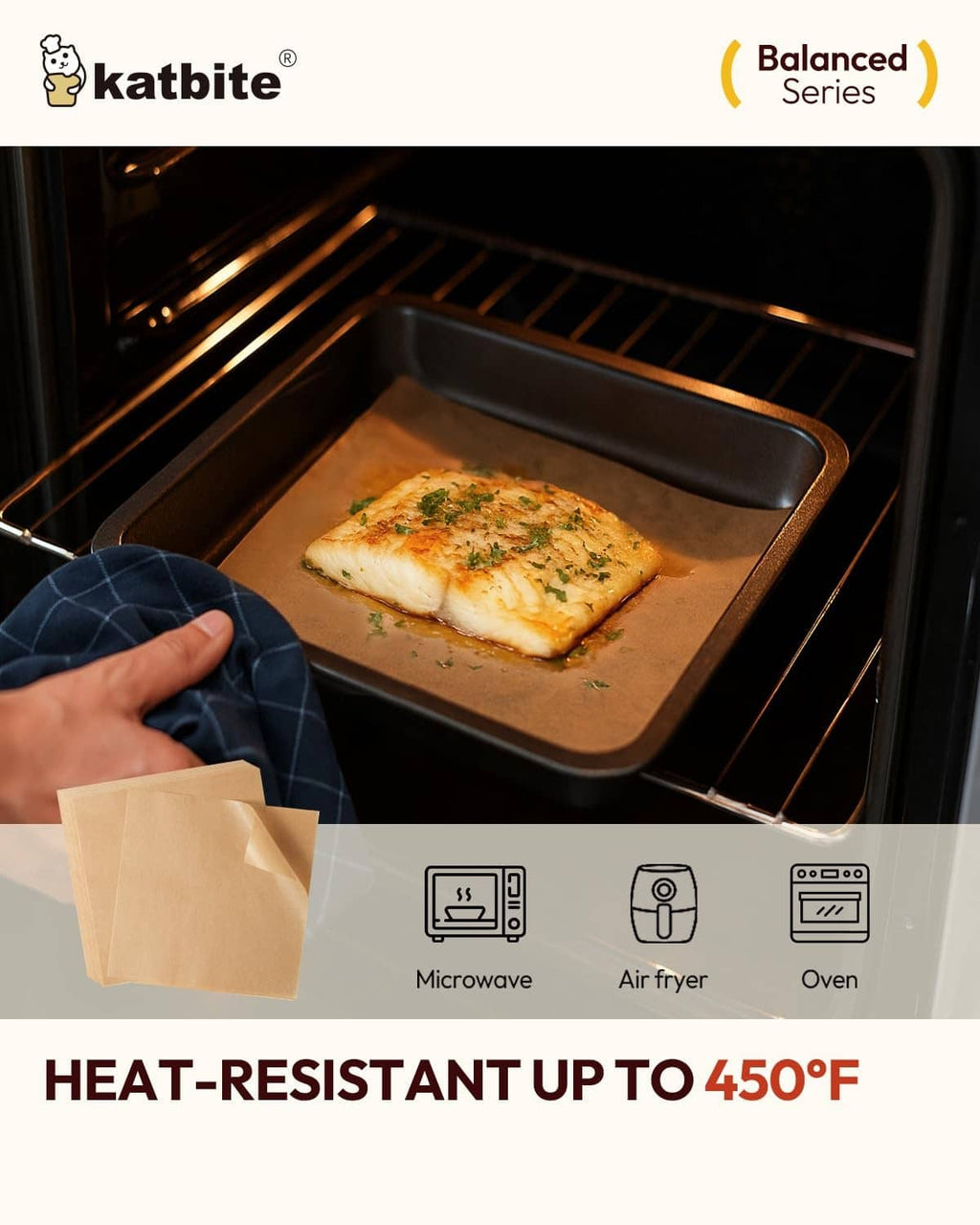 Parchment paper-lined baking tray in an oven with heat-use icons