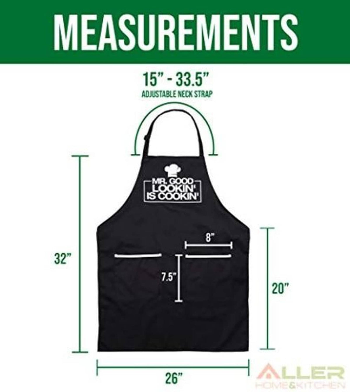 Black apron with adjustable neck strap and front pocket openings, shown with measurements