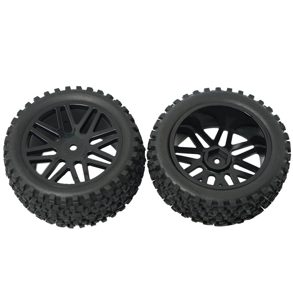 Pair of black RC wheels with multi-spoke rims and knobby tread tires