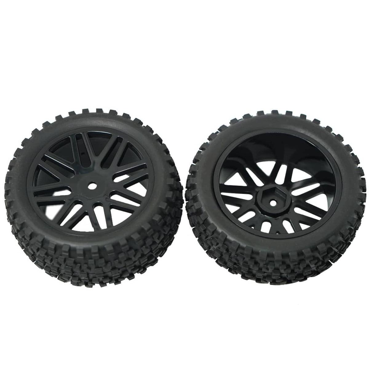 Pair of black RC wheels with multi-spoke rims and knobby tread tires