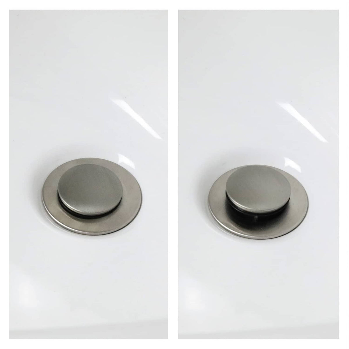 Brushed nickel round pop-up sink stopper cap with metal rim