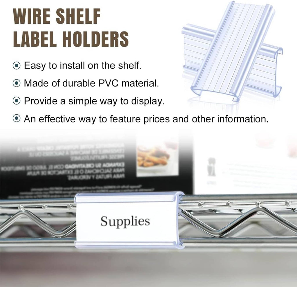 Clear wire shelf label holder on metal grid shelf with label card reading “Supplies”