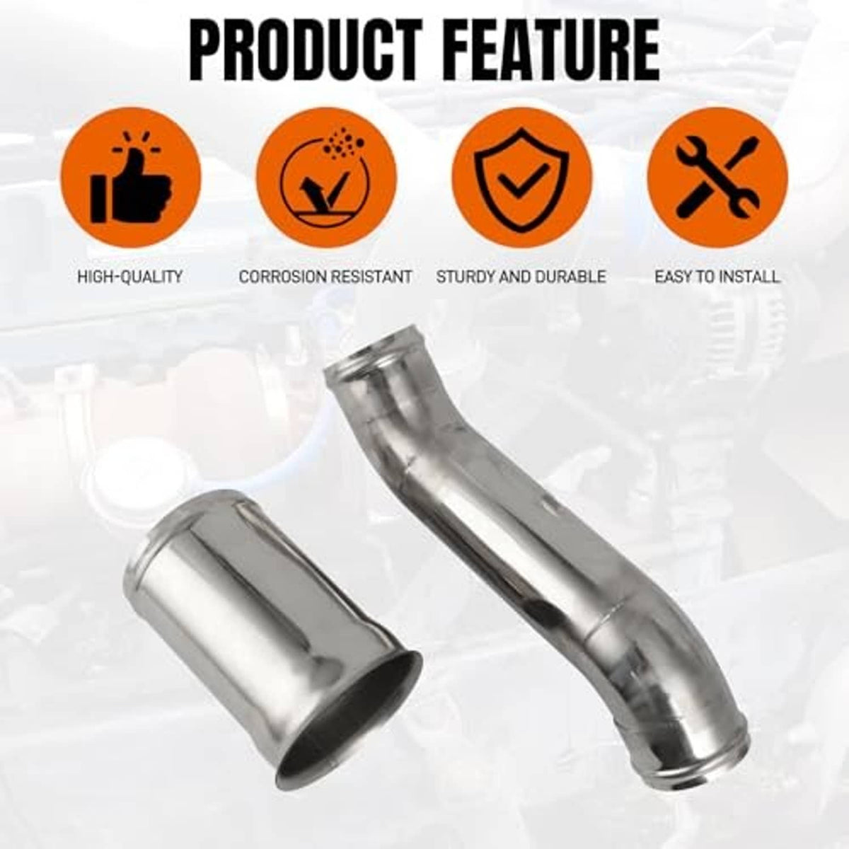 Polished silver coolant pipe and short sleeve connector, curved metal tubes.