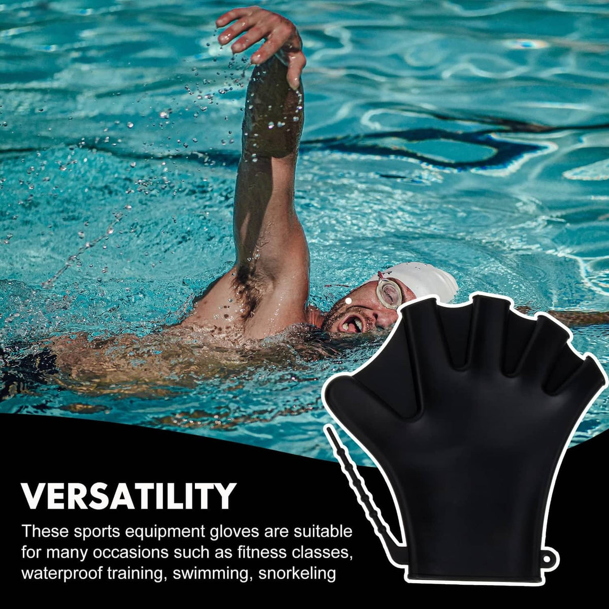 Black aquatic resistance glove on swimmer hand in pool water