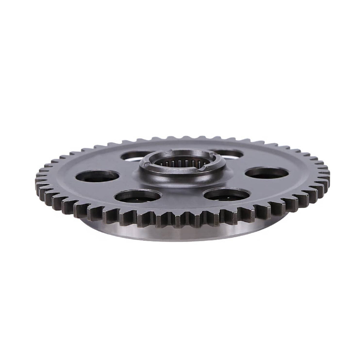 Starter clutch gear plate, steel sprocket with hub bore and cutout holes