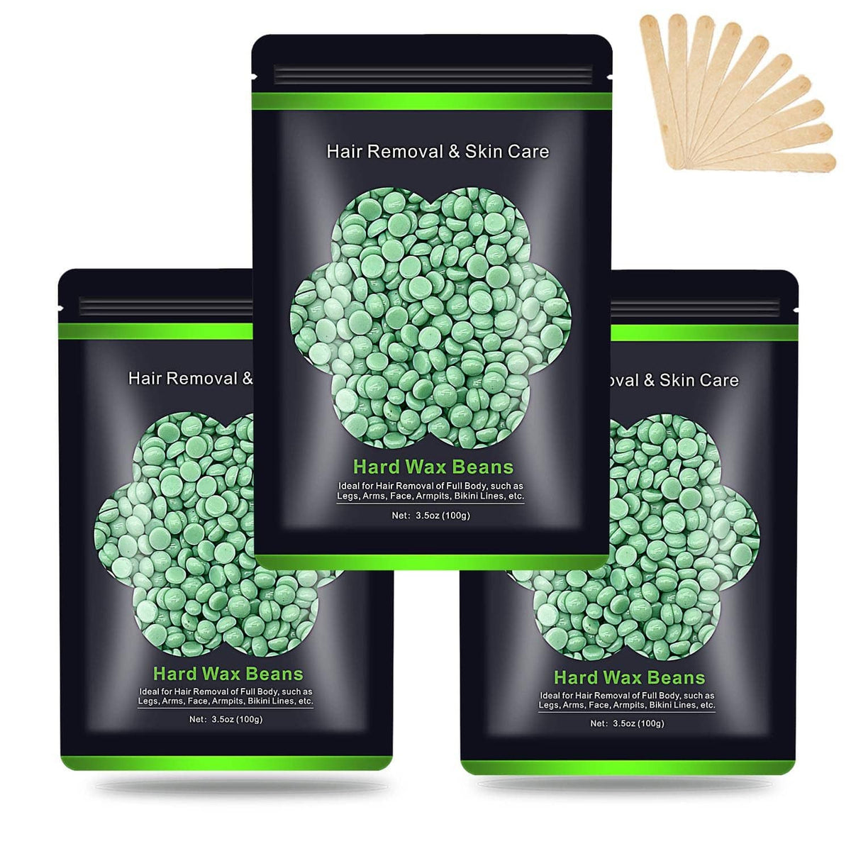 Green hard wax beads for hair removal in three resealable black bags