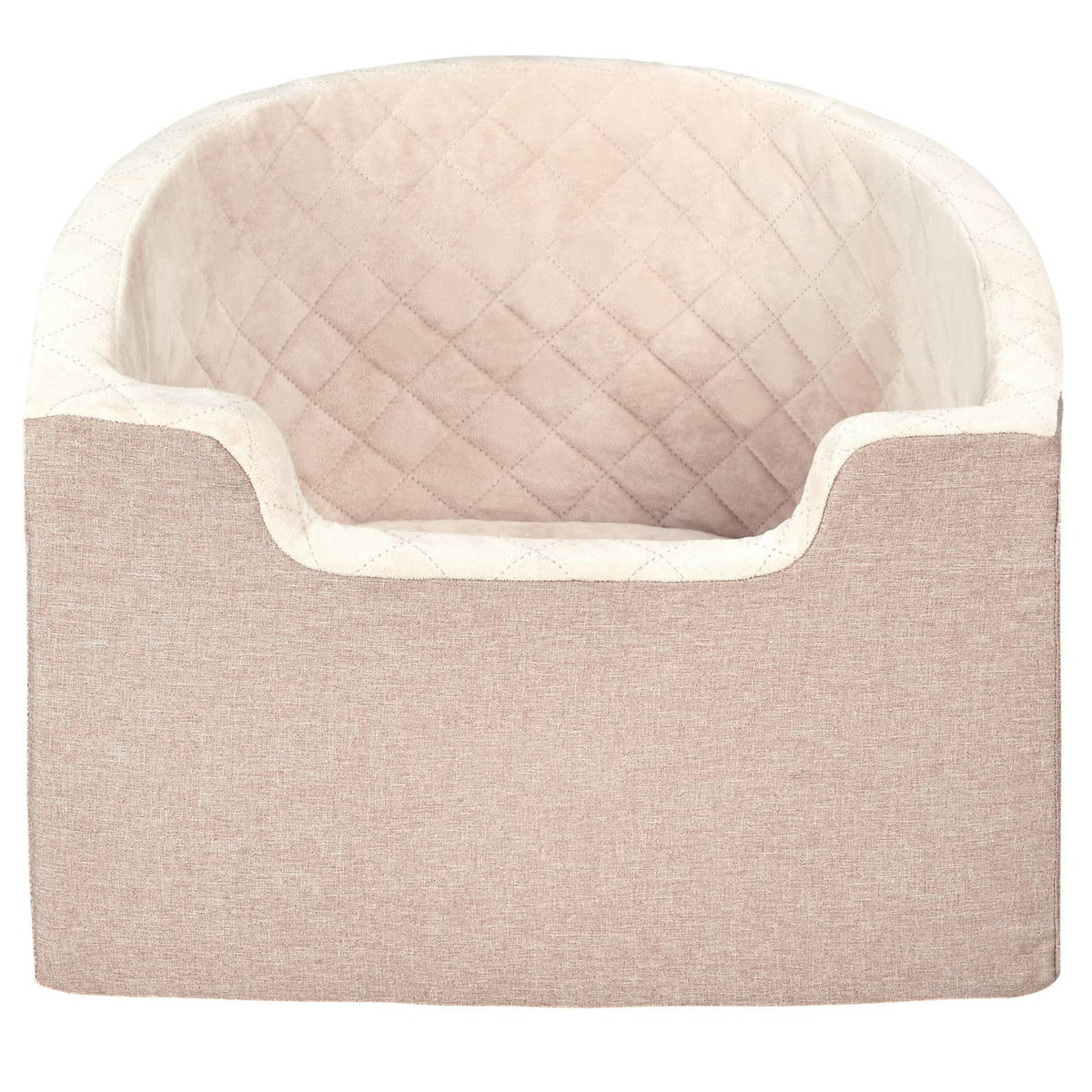Brown pet booster car seat with open top and quilted protective cushion