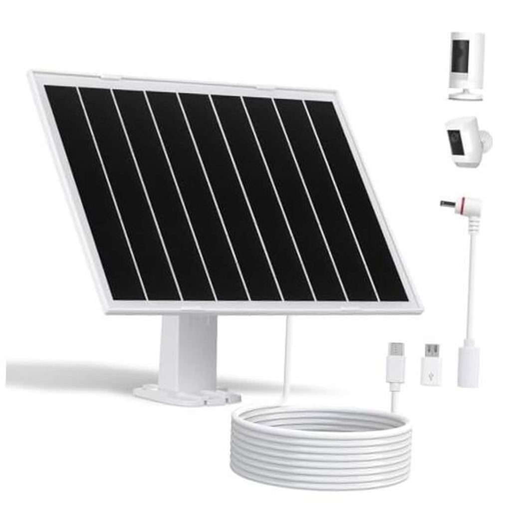 White solar panel charger kit with black photovoltaic panel and coiled charging cable