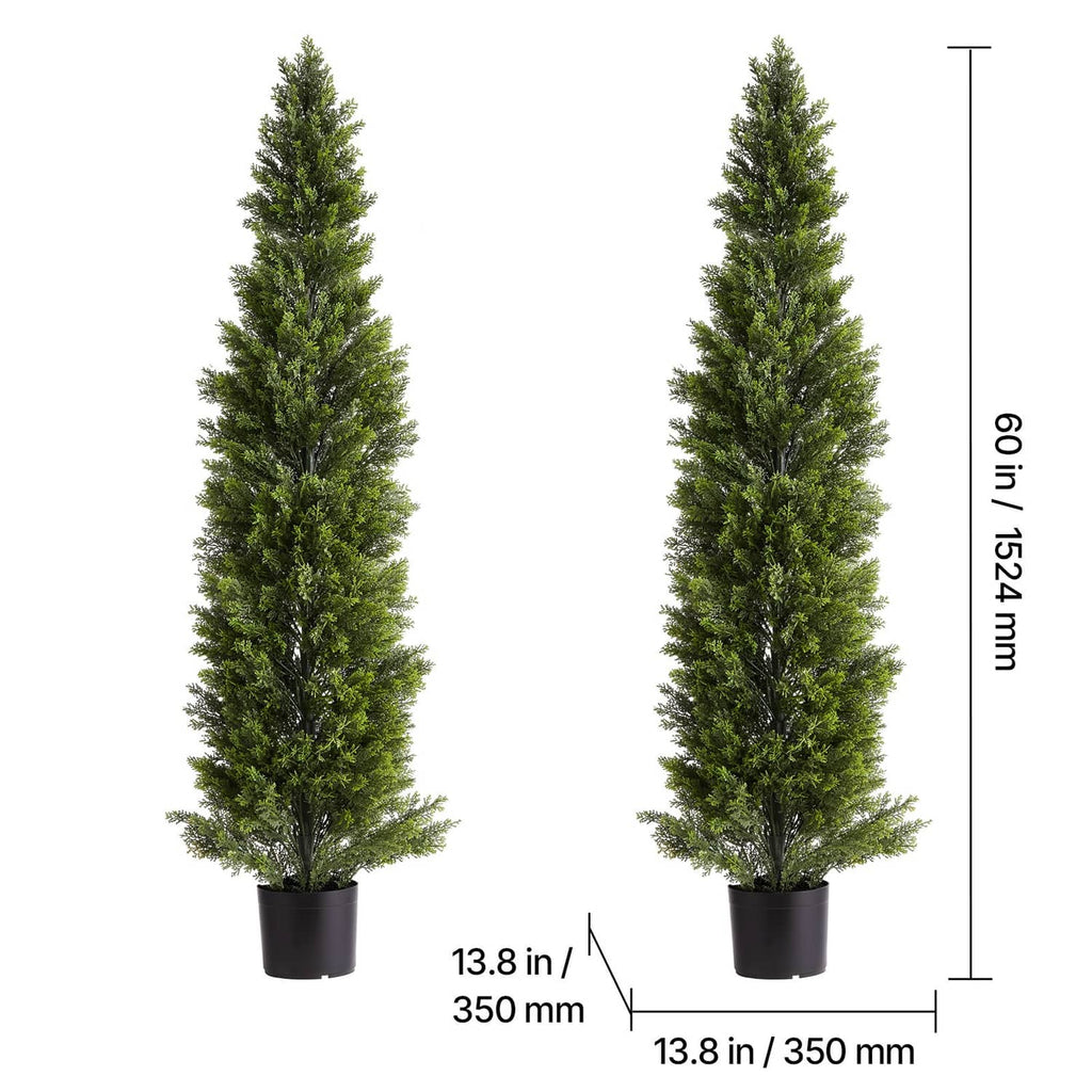 Pair of tall artificial cedar trees in black pots, side-by-side size view
