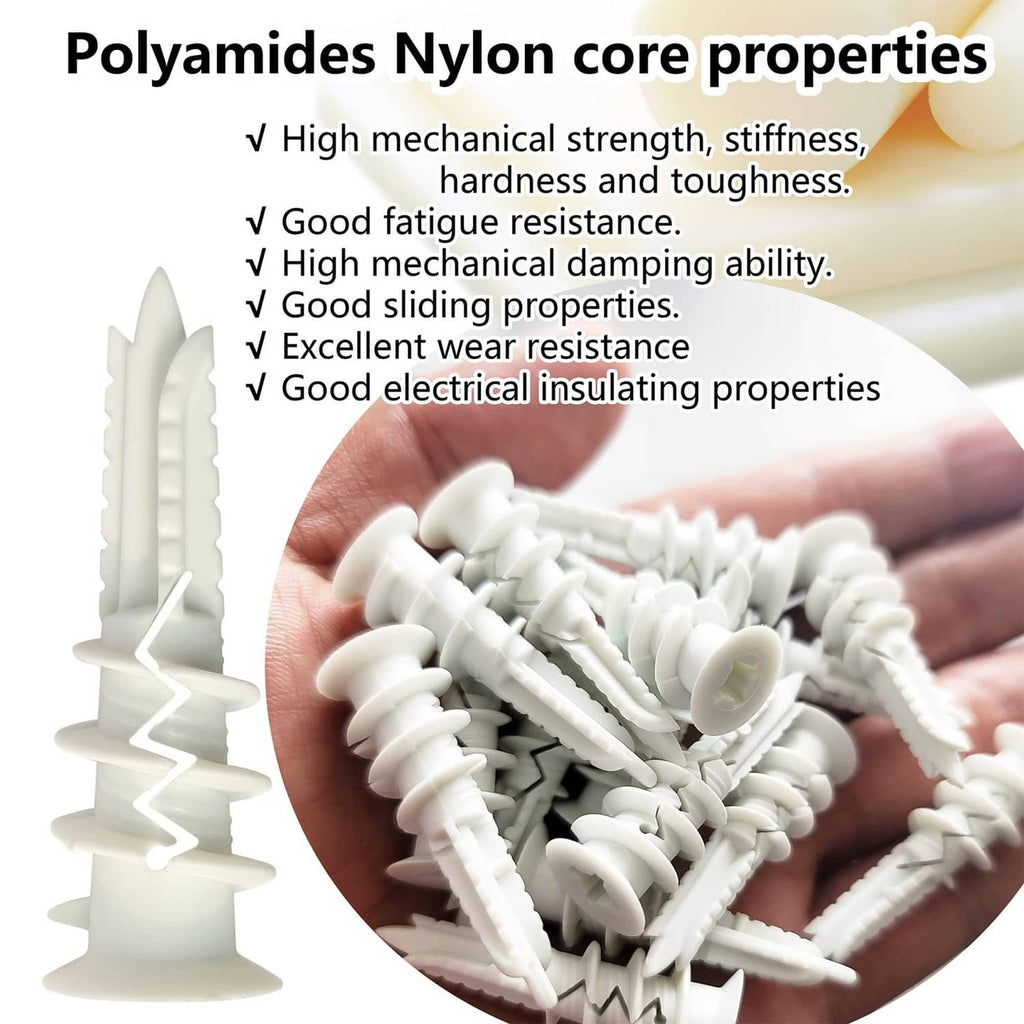 White plastic self-drilling drywall anchors with gold threaded metal screws