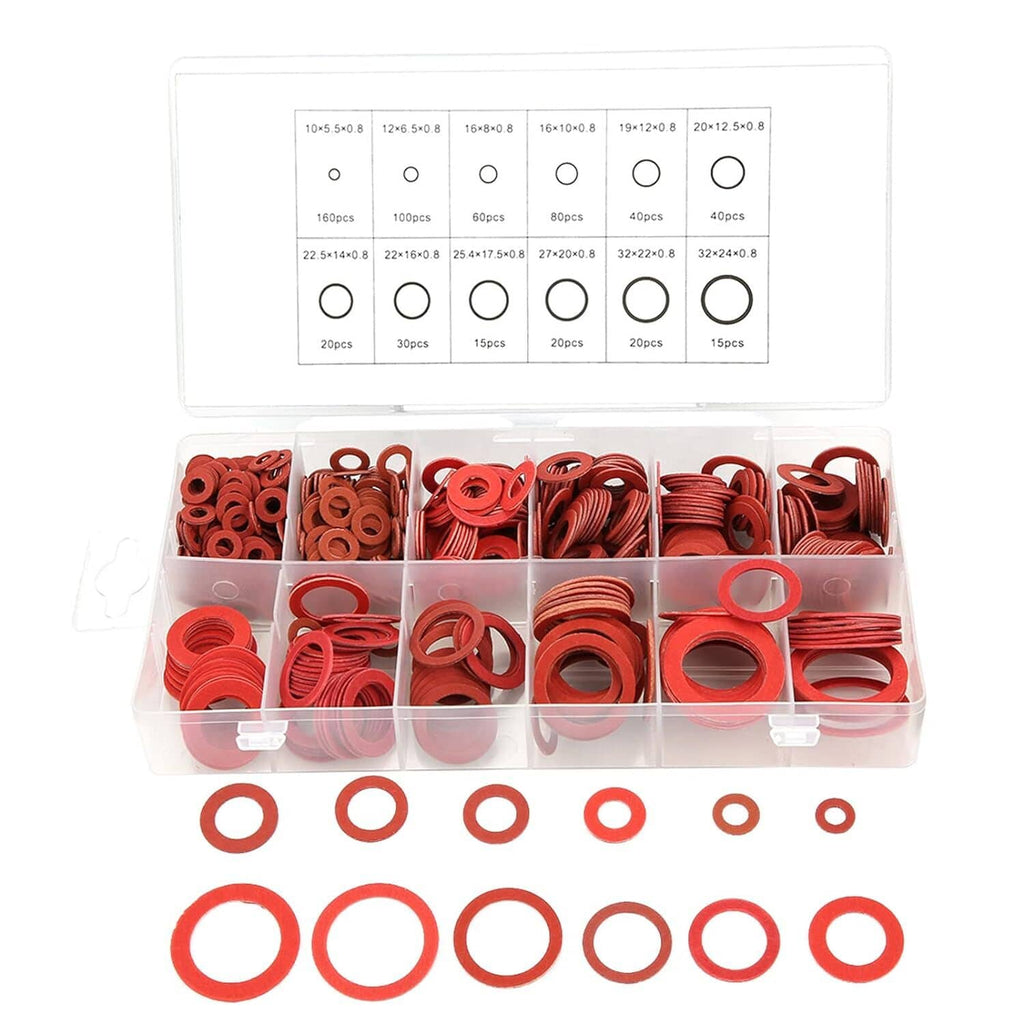 Red washer set in clear multi-compartment case with assorted red ring washers