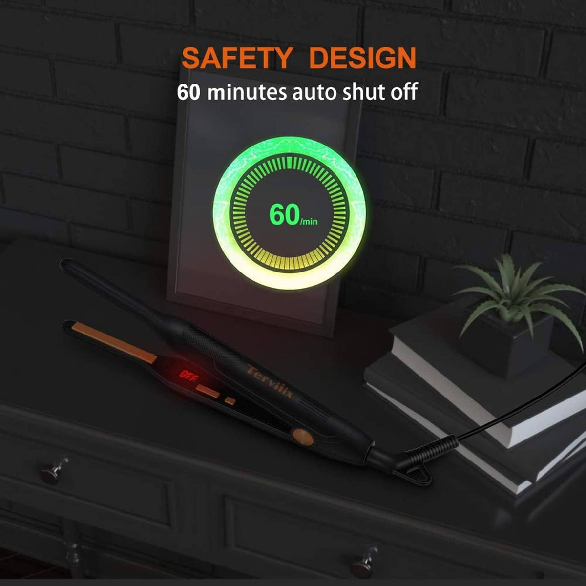 Black hair flat iron with safety auto shutoff timer light indicator