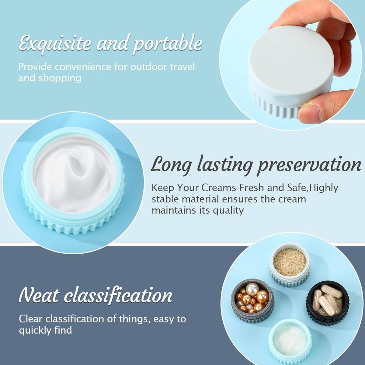 White and light blue silicone travel jars with flip-top lids, shown with close-up hands