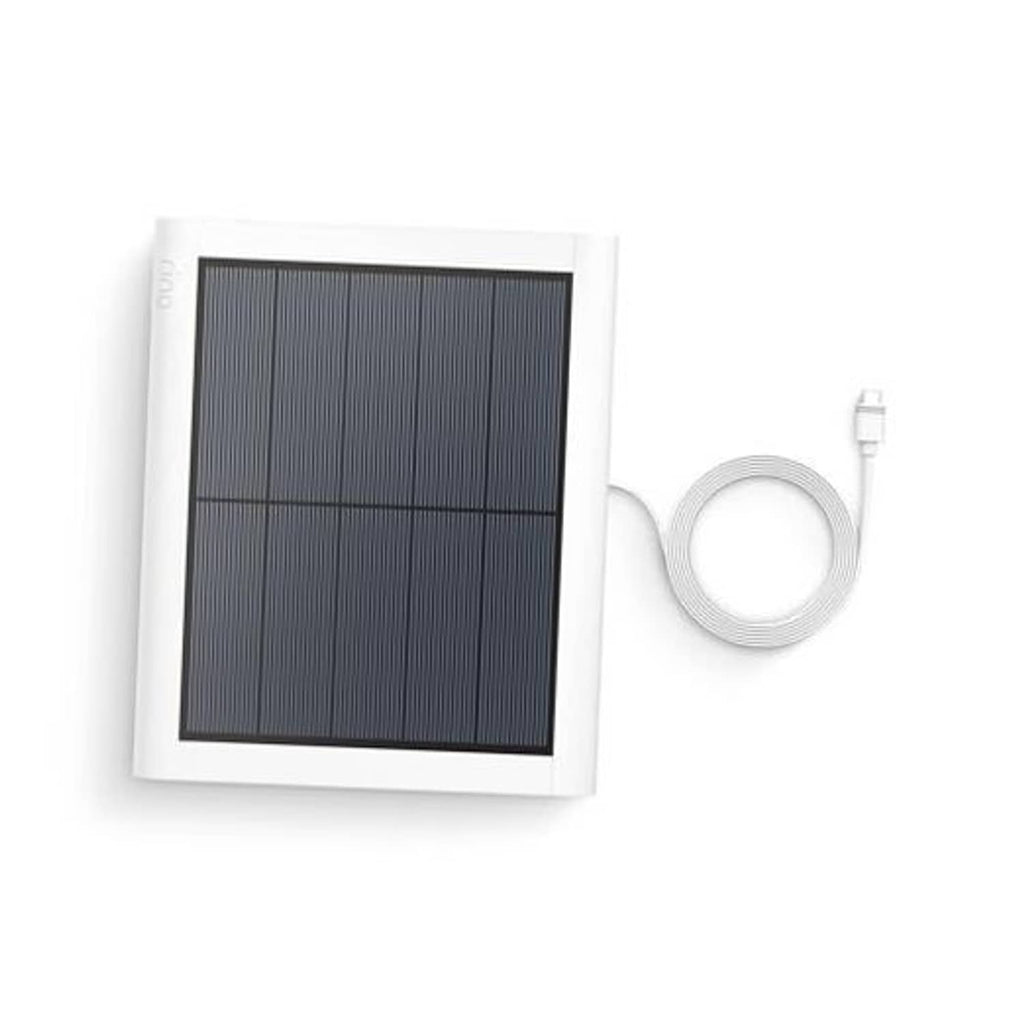 White solar panel with black photovoltaic grid and attached cable loop