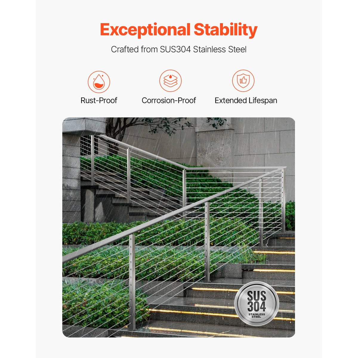 SUS304 stainless steel cable railing posts with wire railing panels and stairs