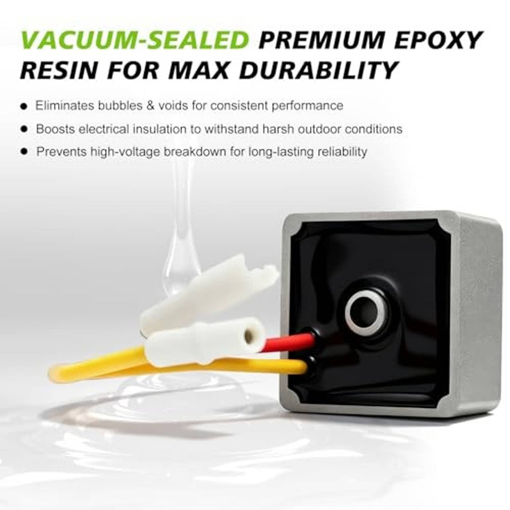 Voltage regulator module next to clear epoxy seal with red and yellow wire leads on grey base