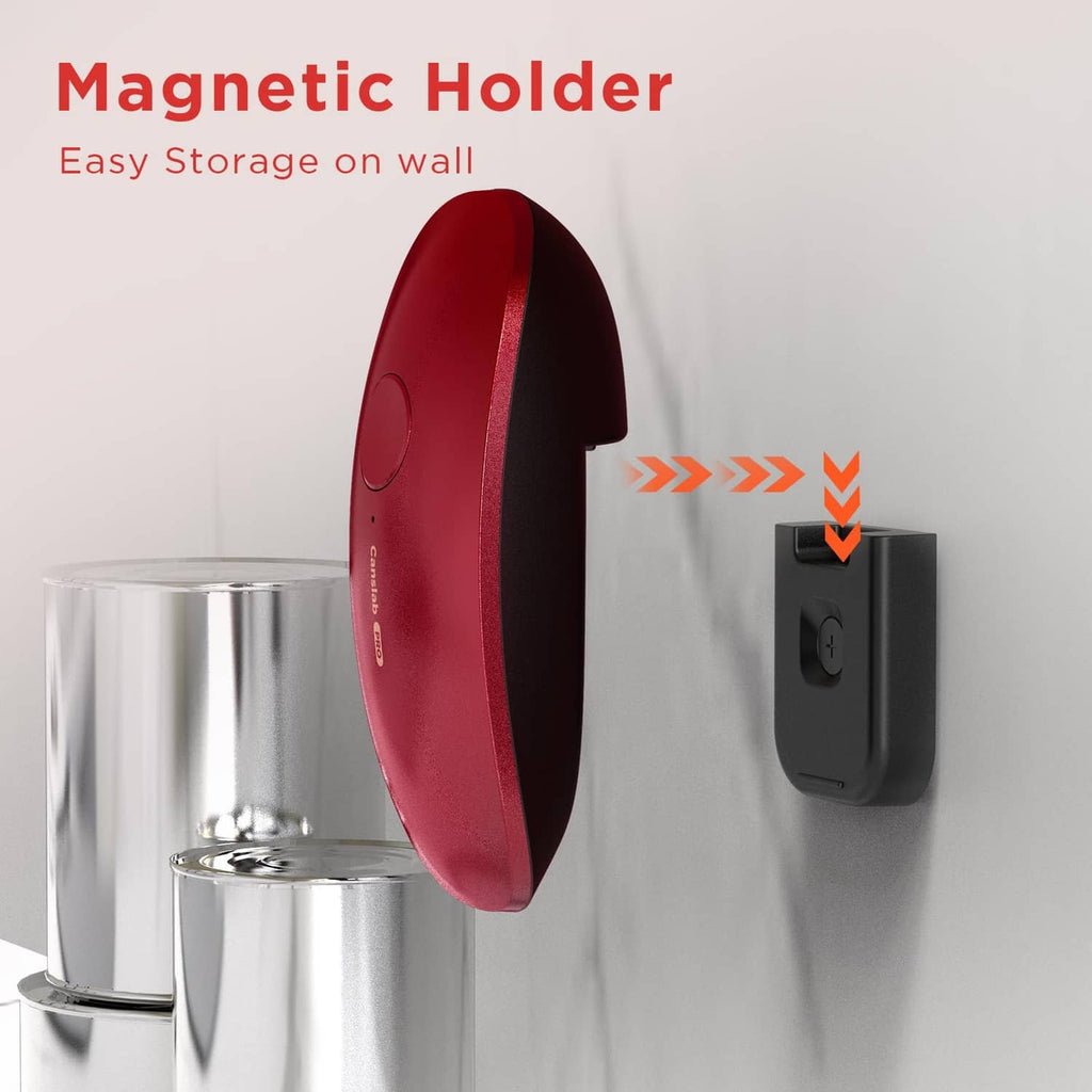 Red electric can opener attached to a magnetic wall holder for storage