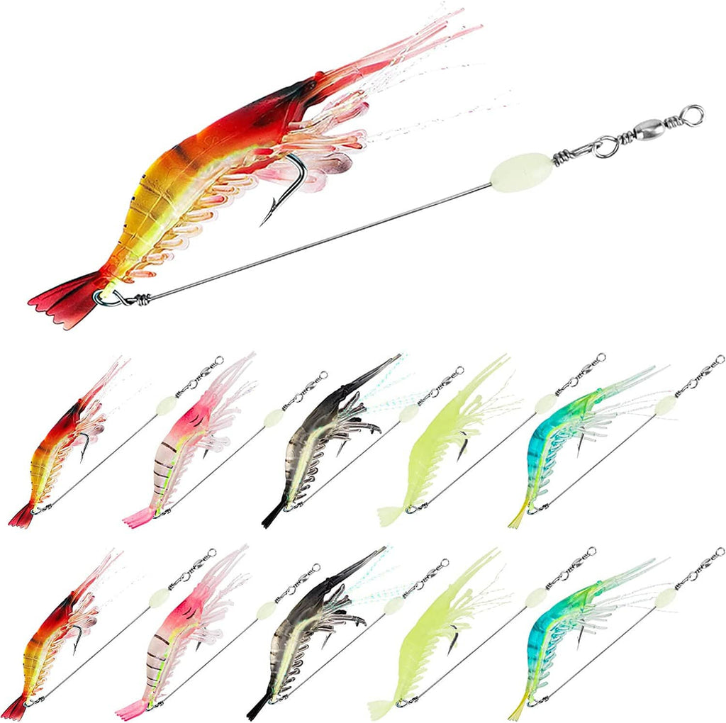 Colorful soft shrimp bait fishing lures on metal leader with snap swivel rings
