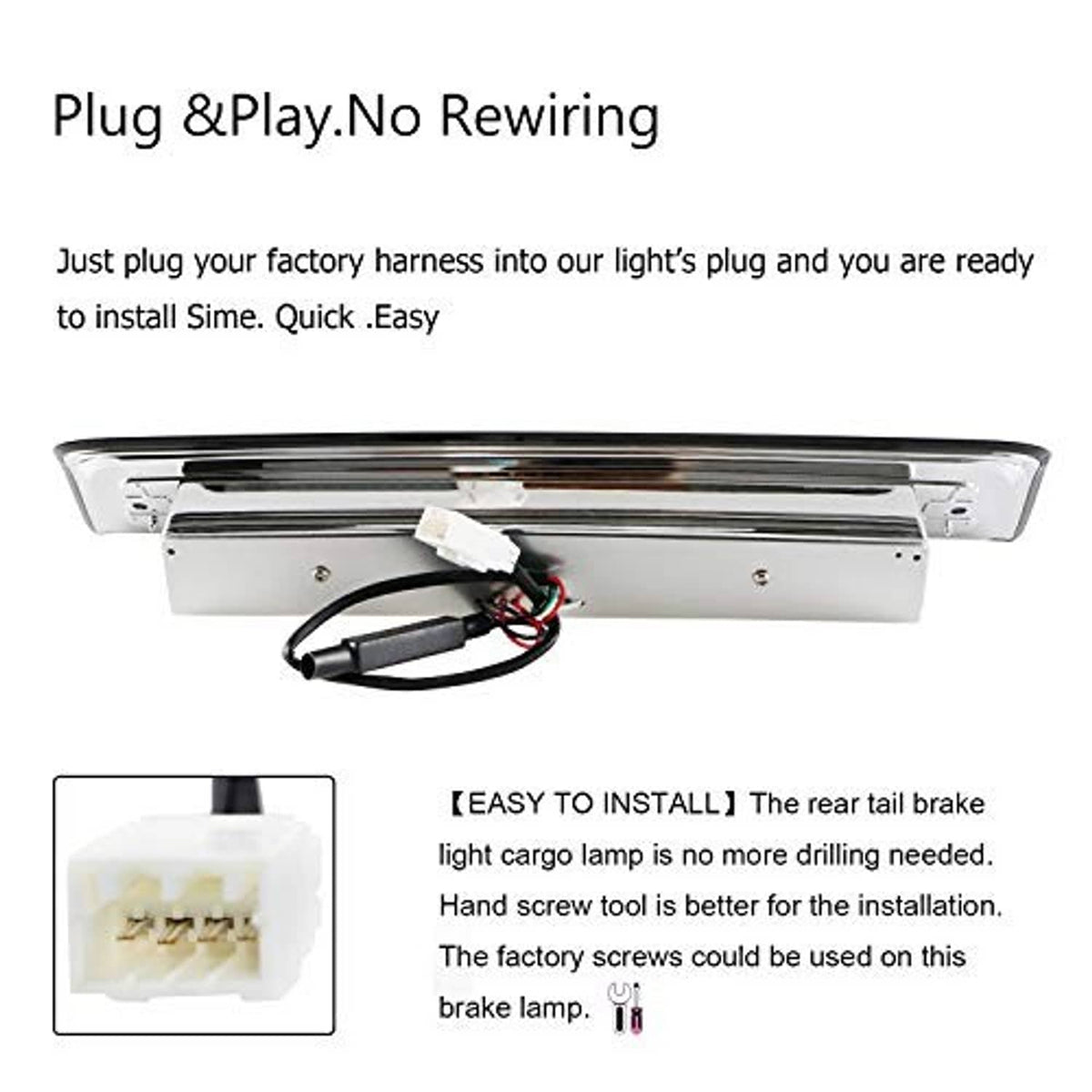 LED third brake light housing with wiring harness and plug for plug-and-play installation