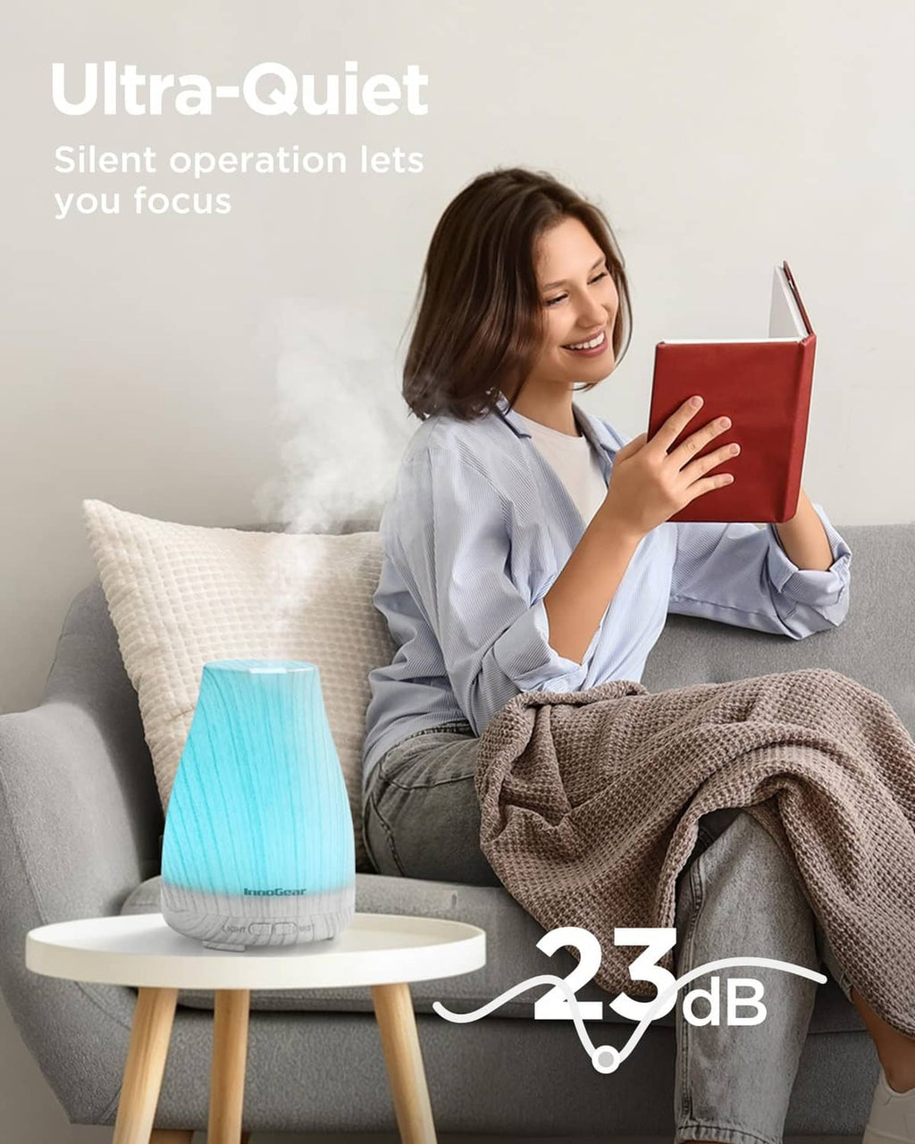 InnoGear essential oil diffuser with blue LED light, white-gray textured body