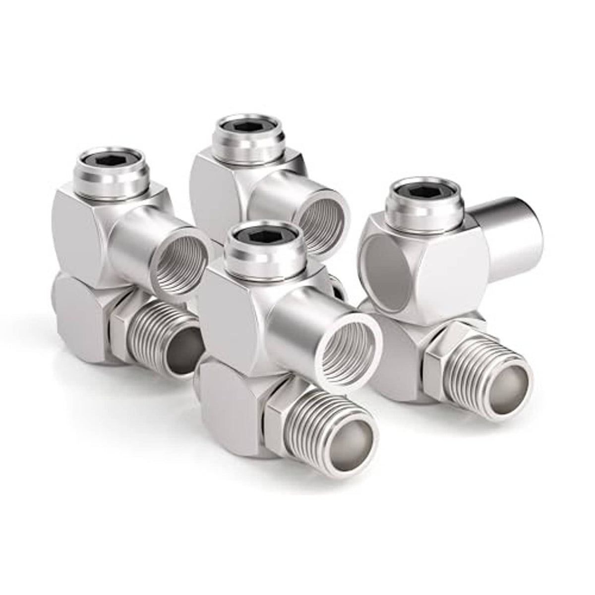 Set of 4 metal air hose swivel fittings, silver finish, with female and male threads