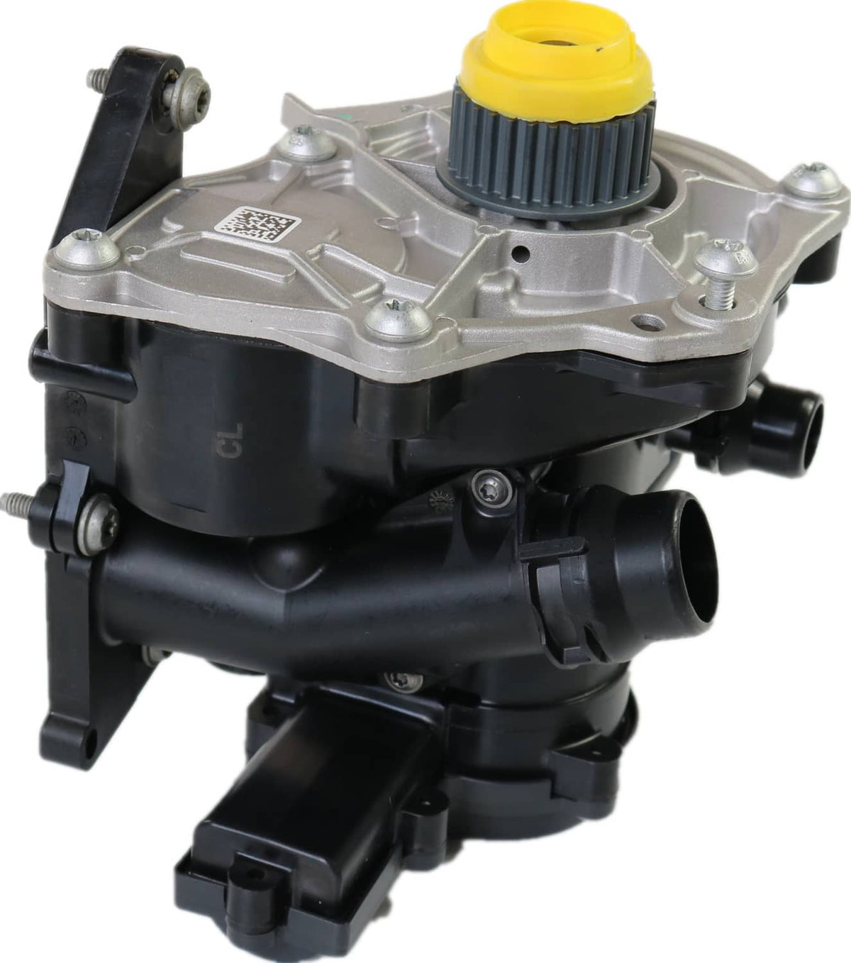 Water pump thermostat housing with yellow top, metal body, and black inlet/outlet hoses
