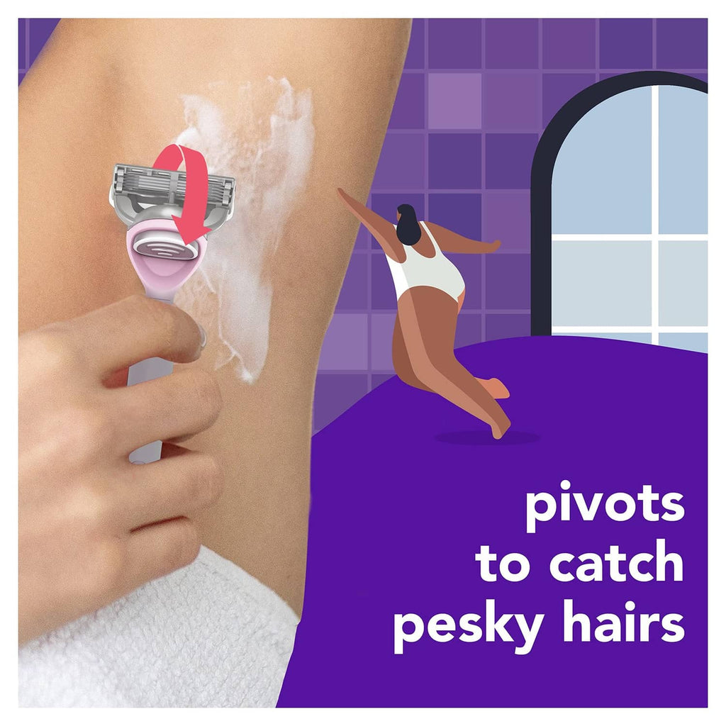 Razor refill cartridge shaving cream lather on skin; pivoting head shown.