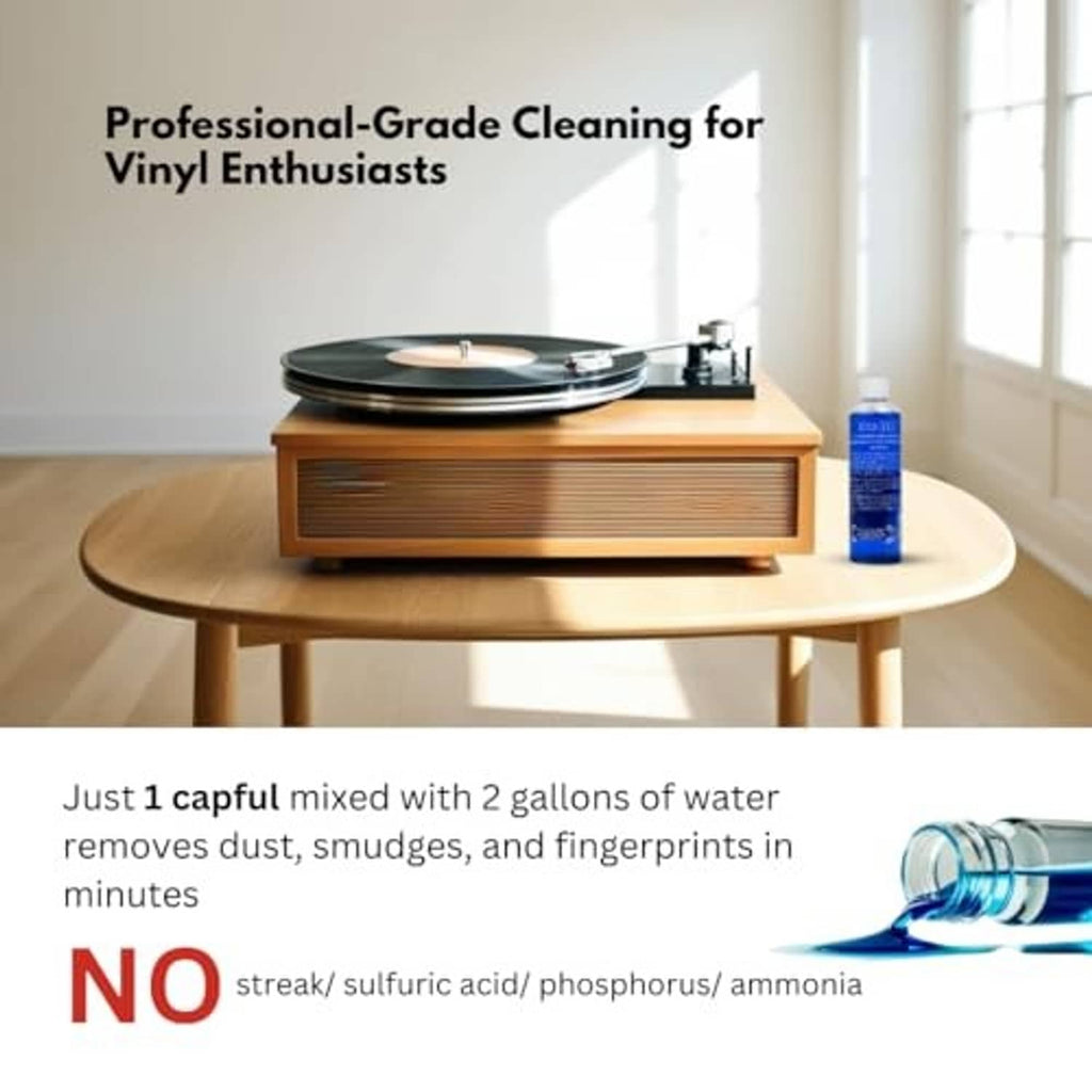 Isonic ultrasonic vinyl record cleaning solution concentrate bottle on tabletop