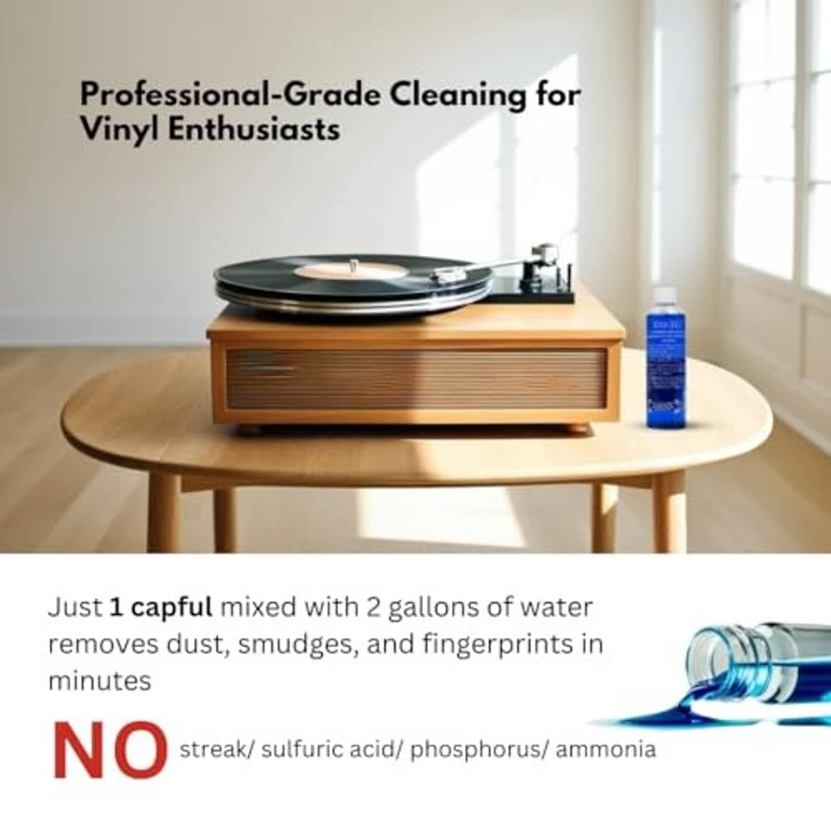 Isonic ultrasonic vinyl record cleaning solution concentrate bottle on tabletop