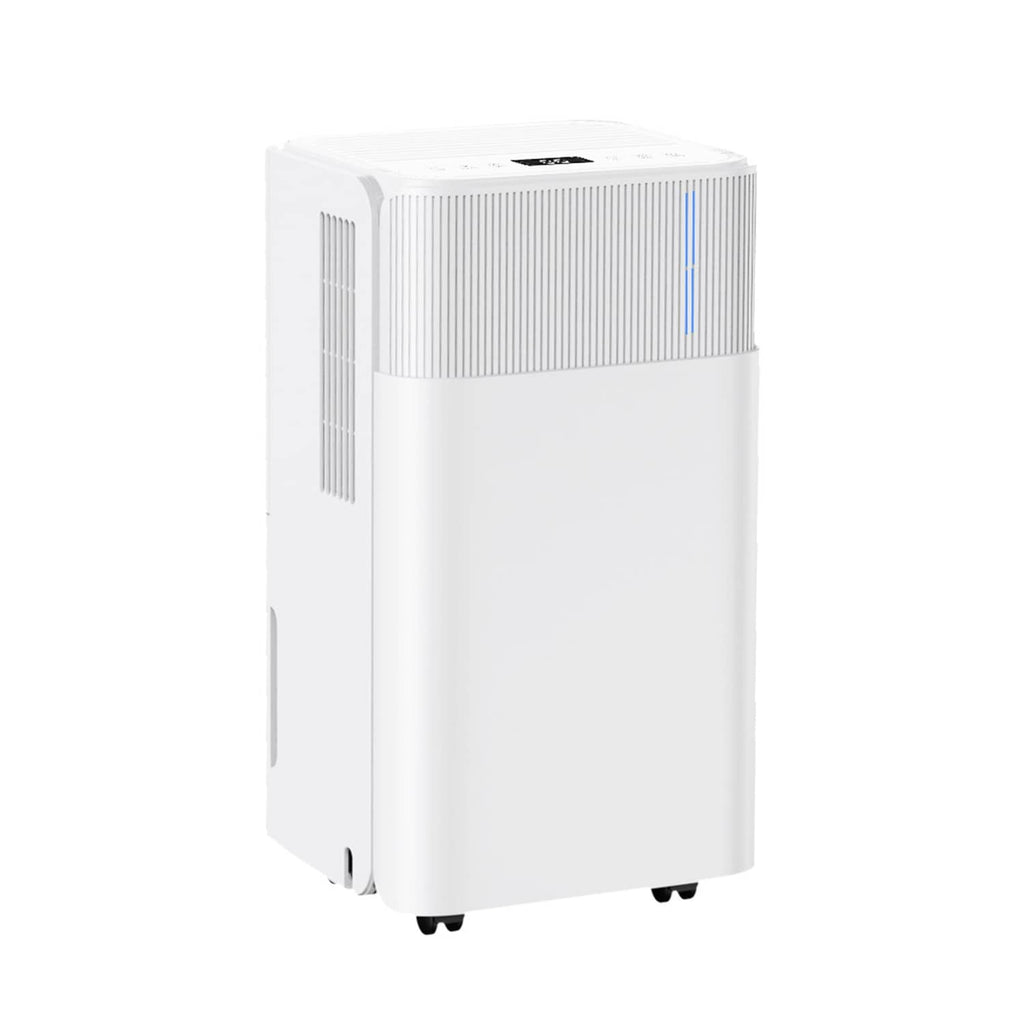 White dehumidifier with top control panel and blue status light, side view
