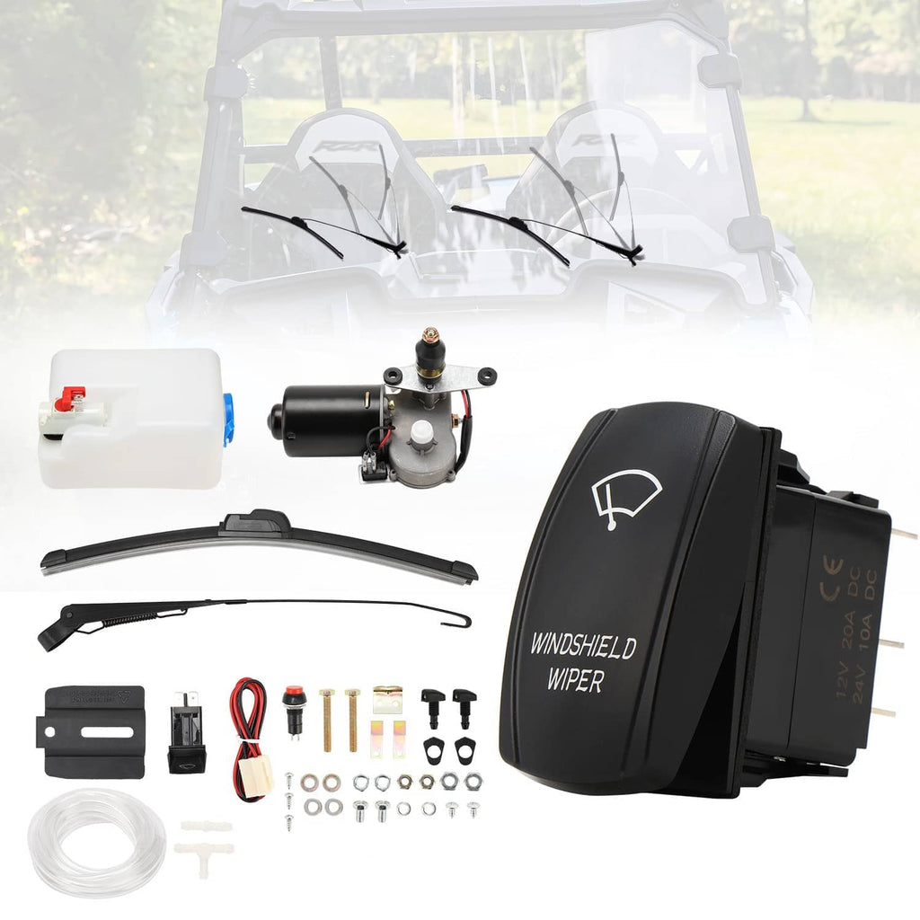 12V electric windshield wiper motor kit with wiper blades, reservoir, and wiring parts