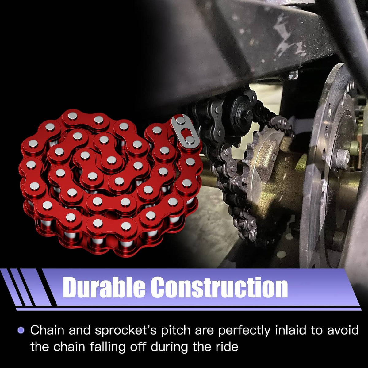 Red 420 chain installed near the sprocket on a kart drive system