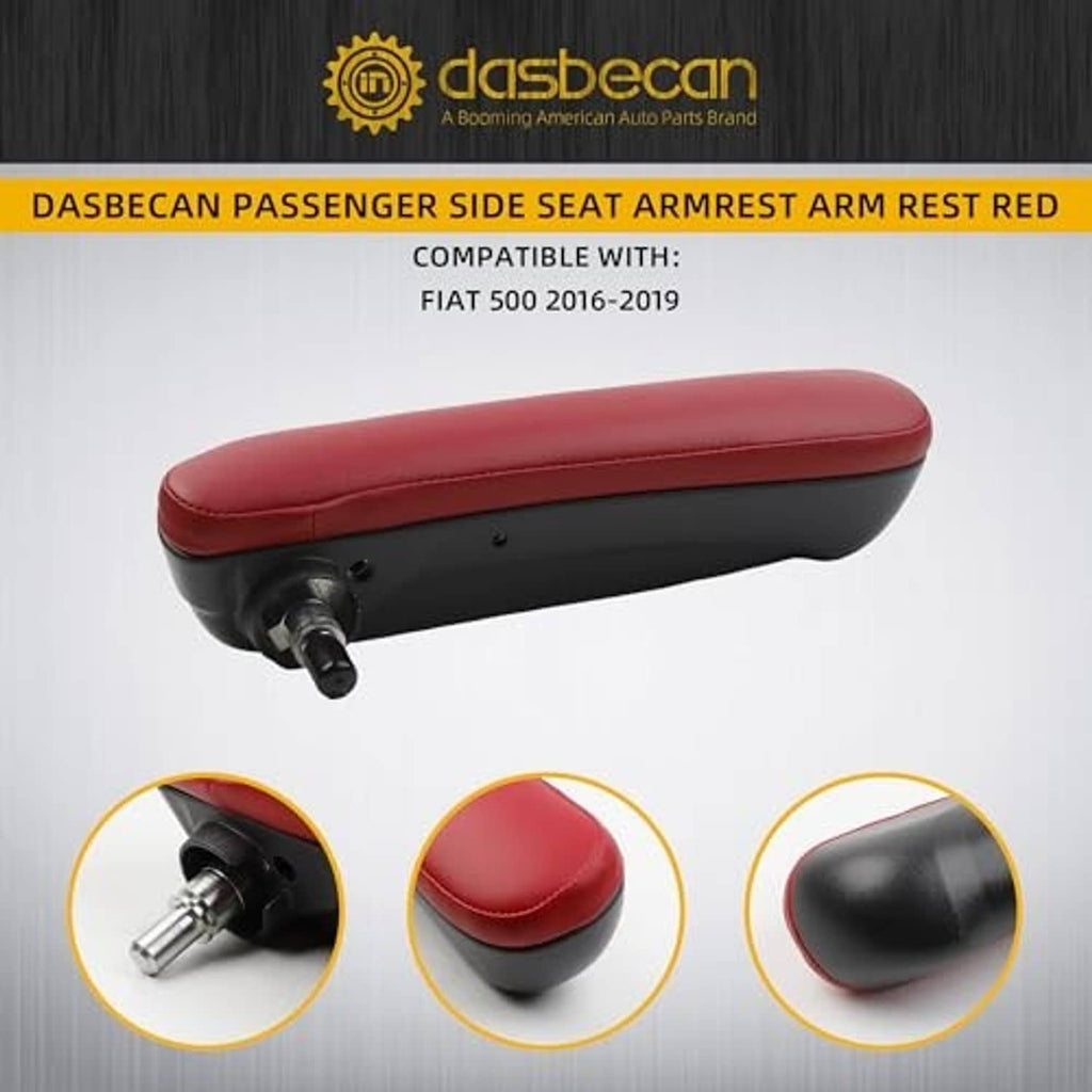 Red passenger seat armrest, rounded top with black base and exposed mounting hardware