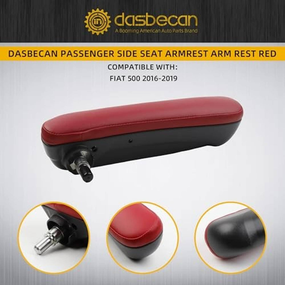 Red passenger seat armrest, rounded top with black base and exposed mounting hardware