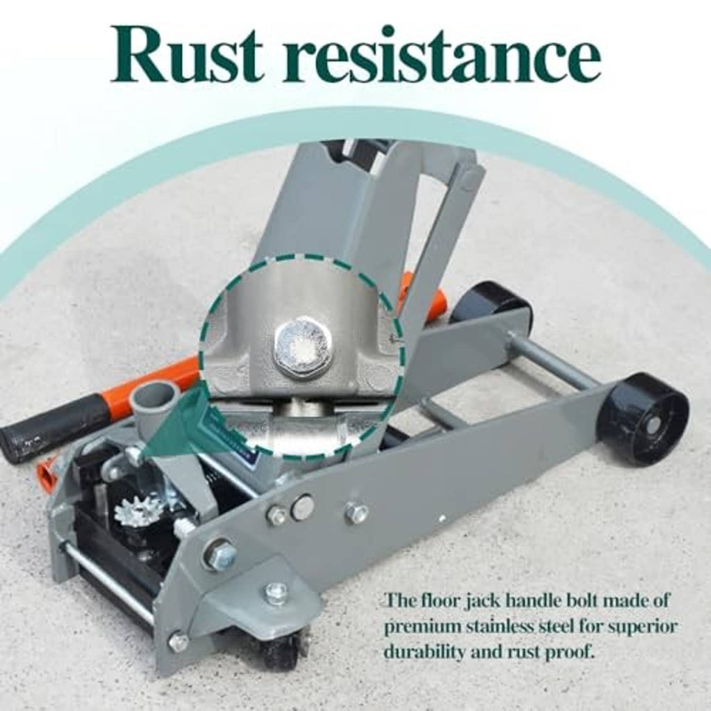 Gray horizontal floor jack with silver fixed screw components on the handle assembly