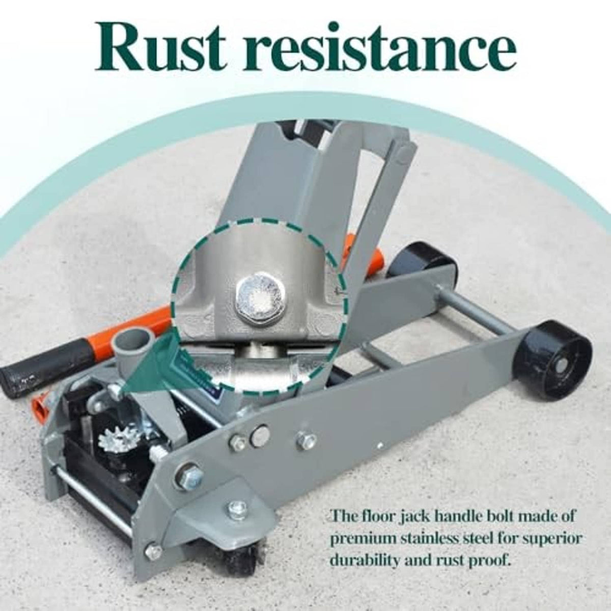 Gray horizontal floor jack with silver fixed screw components on the handle assembly