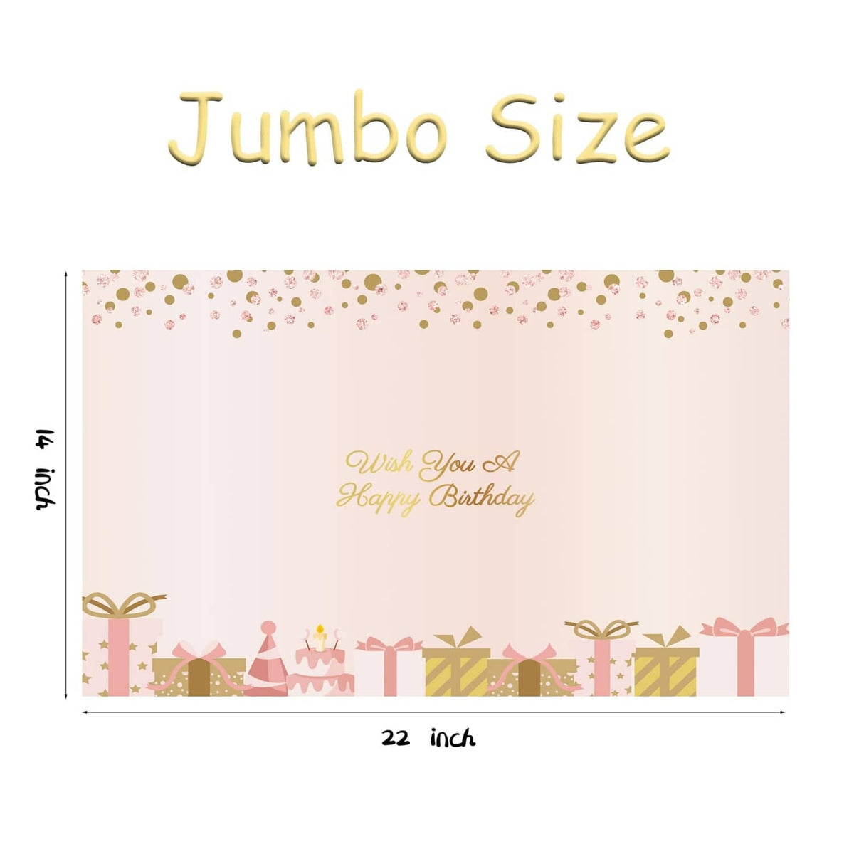 Jumbo birthday card, 22-inch wide, rose gold Wish You Happy Birthday with gifts